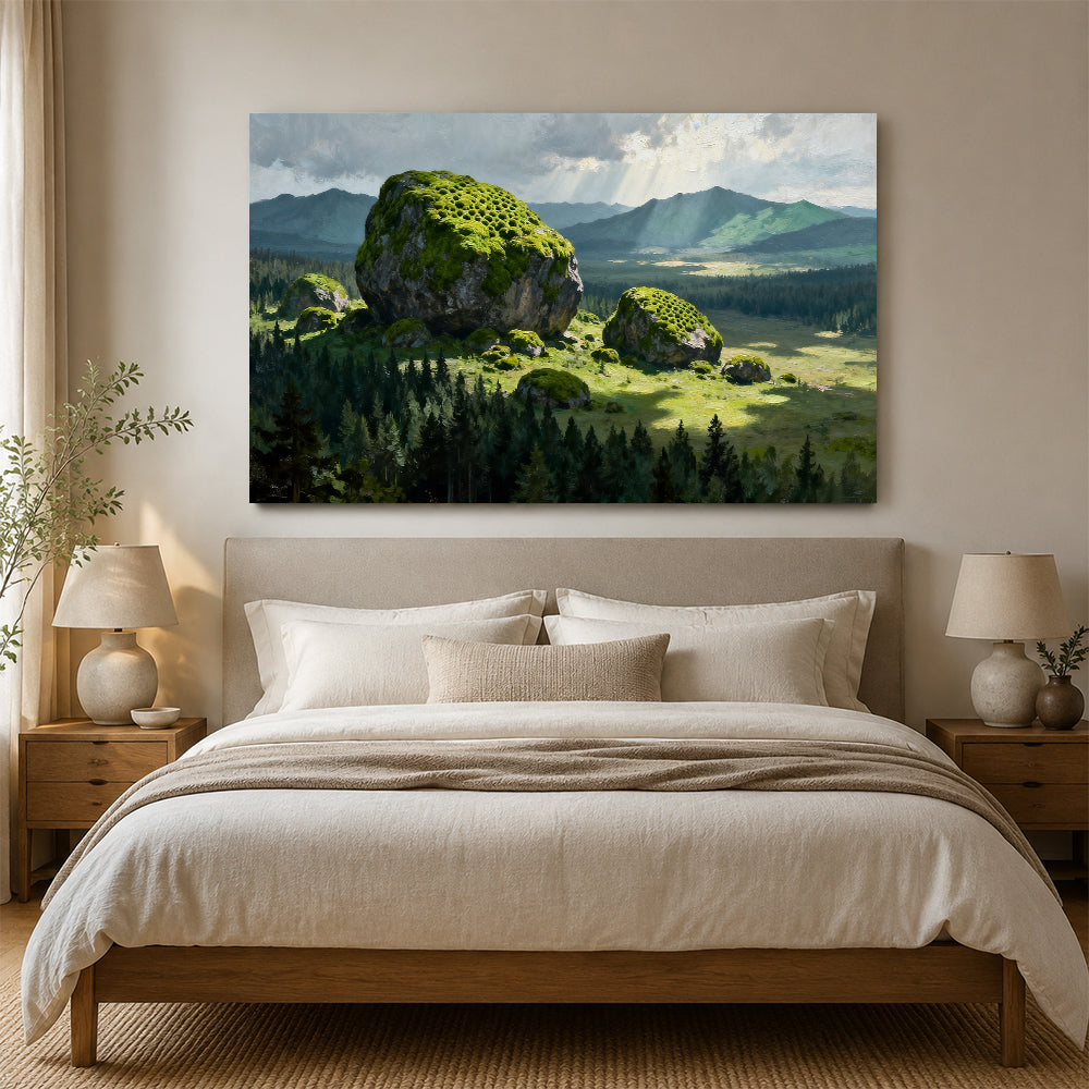 Mossy Boulder Meadow canvas wall art, bedroom mockup above a bed.