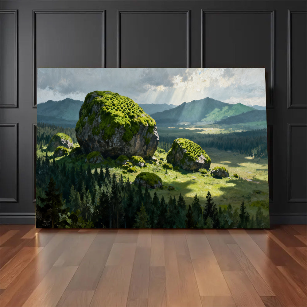 Mossy Boulder Meadow canvas wall art, floor display against a dark wall.