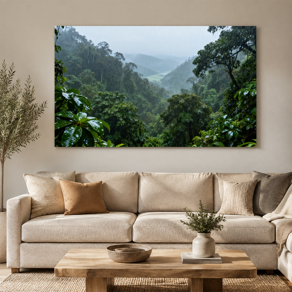 Rainforest Mist Valley canvas wall art, living room mockup above a sofa.