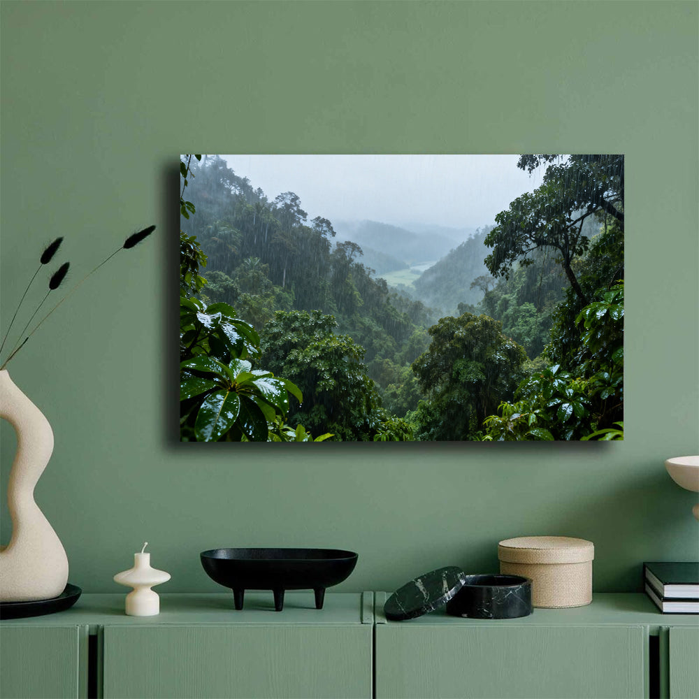 Rainforest Mist Valley canvas wall art, mockup on a green wall.