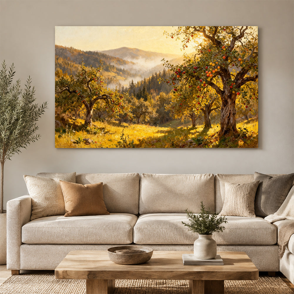 Sunlit Autumn Orchard canvas wall art, living room mockup above a sofa.