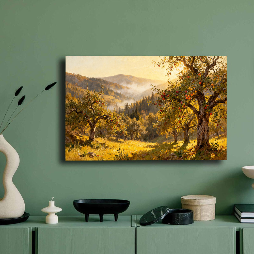 Sunlit Autumn Orchard canvas wall art, mockup on a green wall.