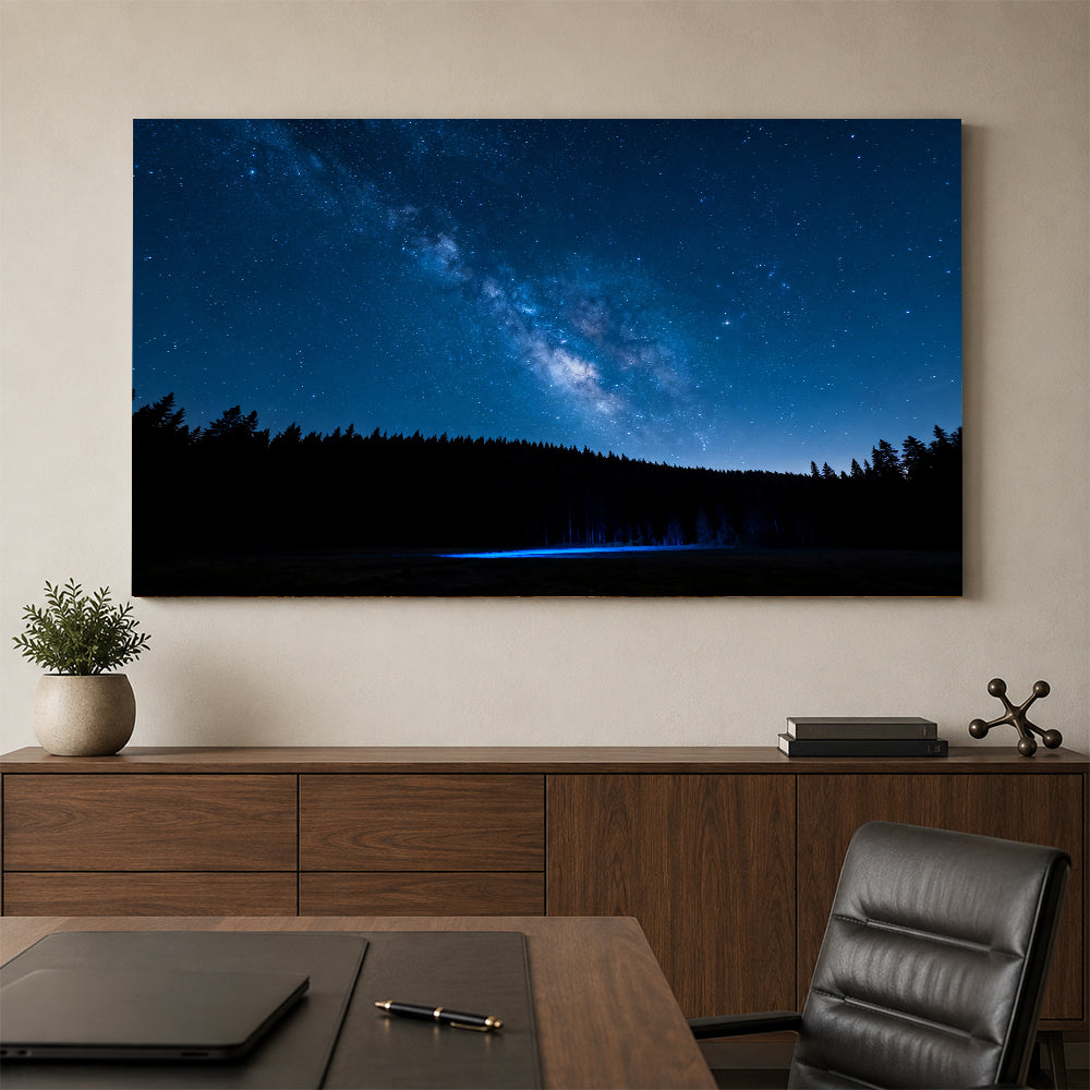 Starlit Forest Lake canvas wall art, office mockup above a desk.