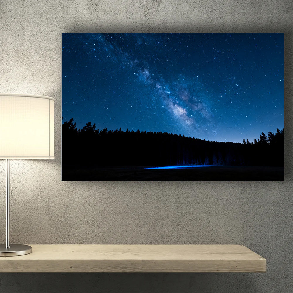 Starlit Forest Lake canvas wall art, wall mockup above a console.