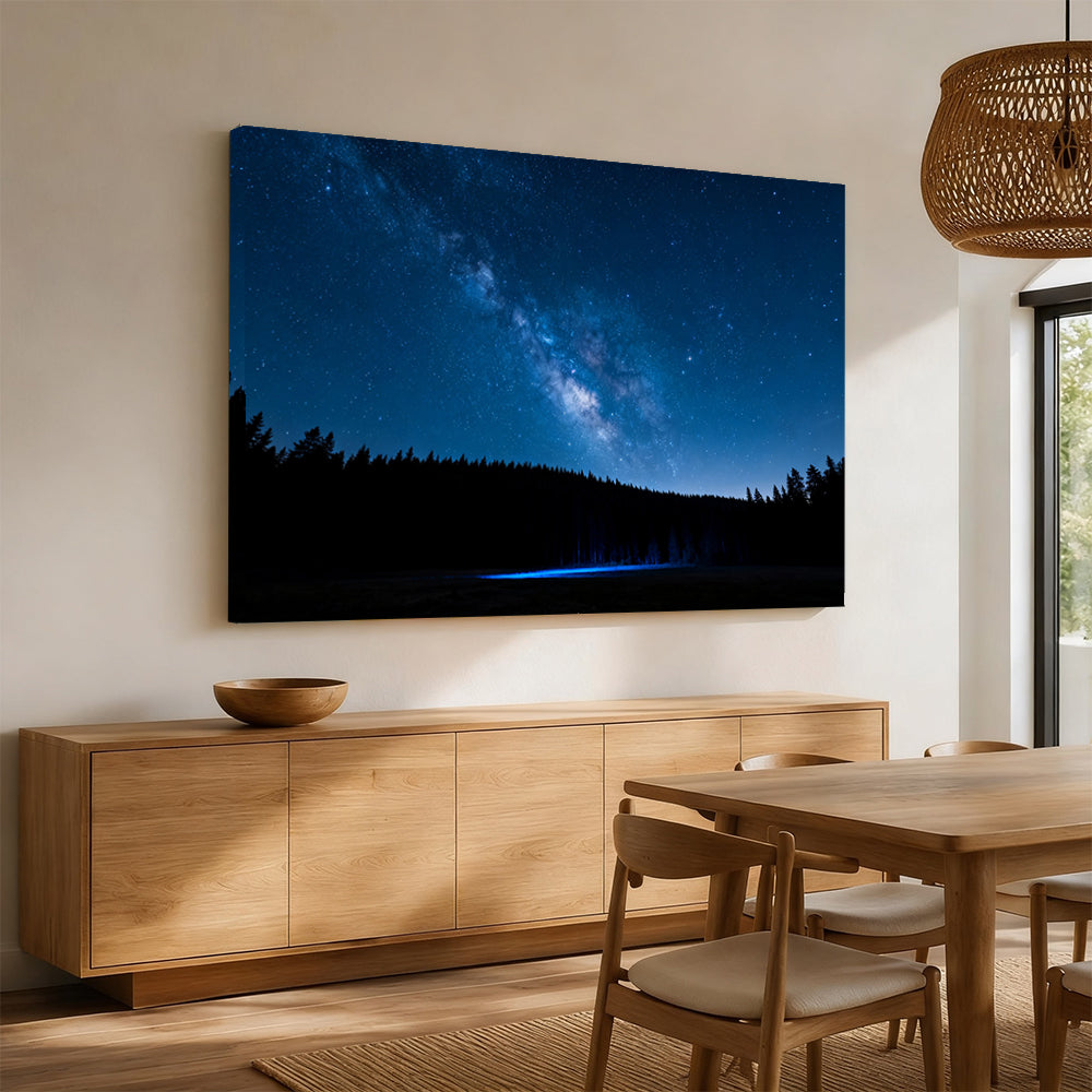 Starlit Forest Lake canvas wall art, angled mockup above a sideboard.