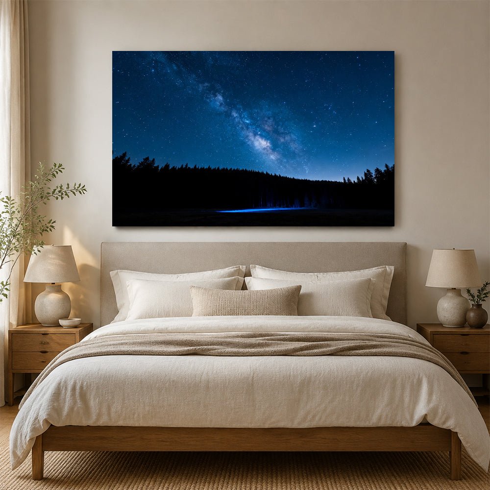 Starlit Forest Lake canvas wall art, bedroom mockup above a bed.