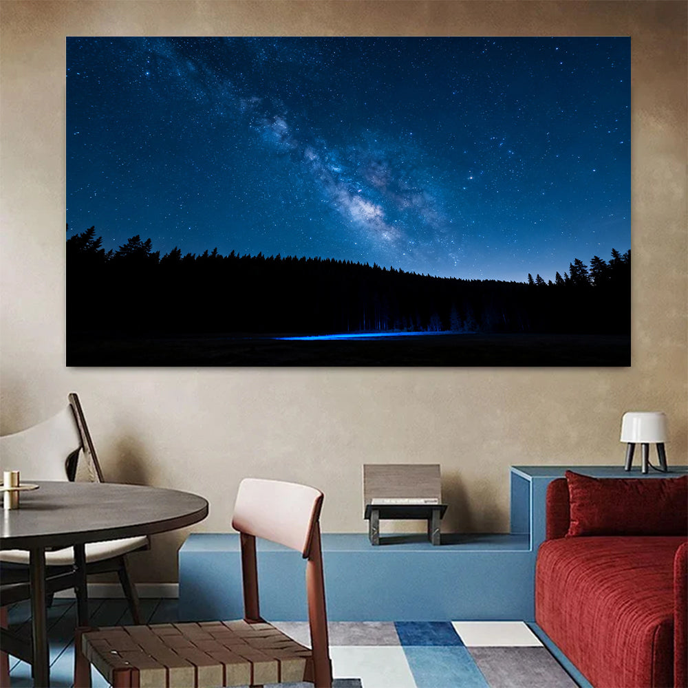 Starlit Forest Lake canvas wall art, colorful room mockup.