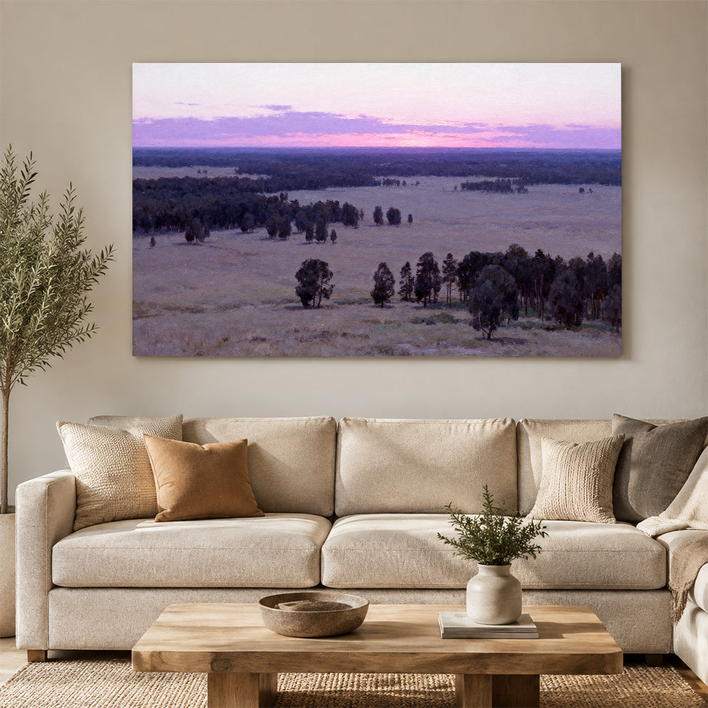 Lavender Twilight Plain canvas wall art, living room mockup above a sofa.