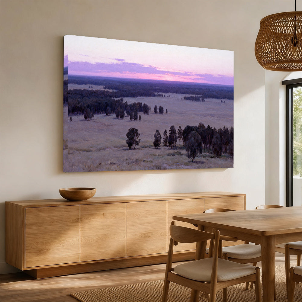 Lavender Twilight Plain canvas wall art, angled mockup above a sideboard.