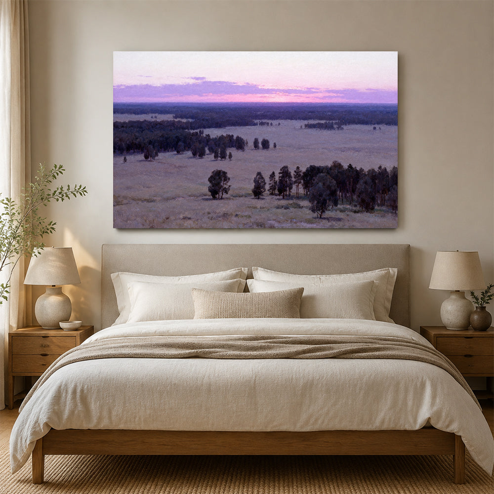 Lavender Twilight Plain canvas wall art, bedroom mockup above a bed.