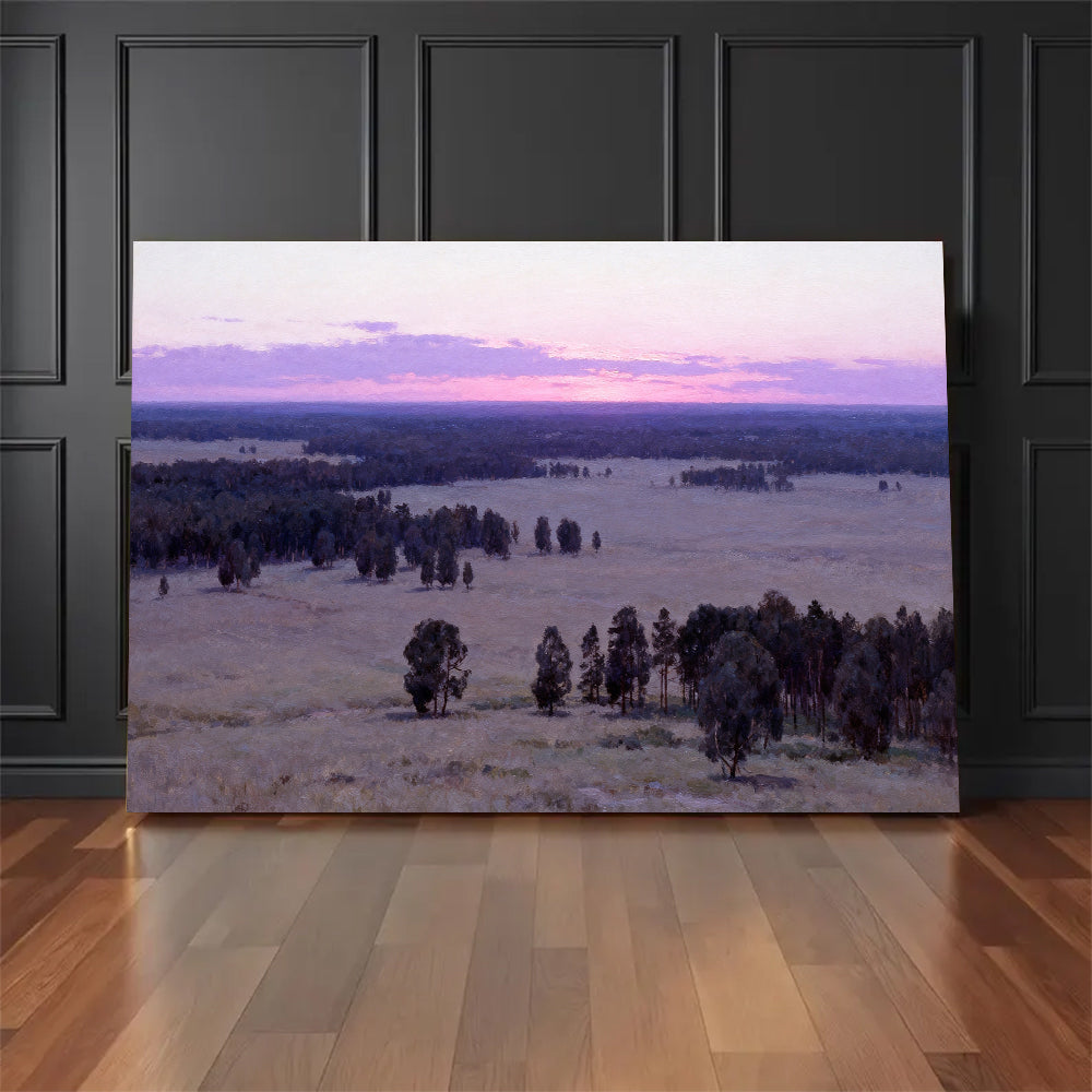Lavender Twilight Plain canvas wall art, floor display against a dark wall.