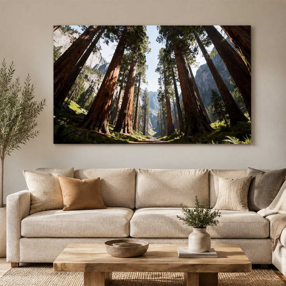 Towering Forest Light canvas wall art, living room mockup above a sofa.