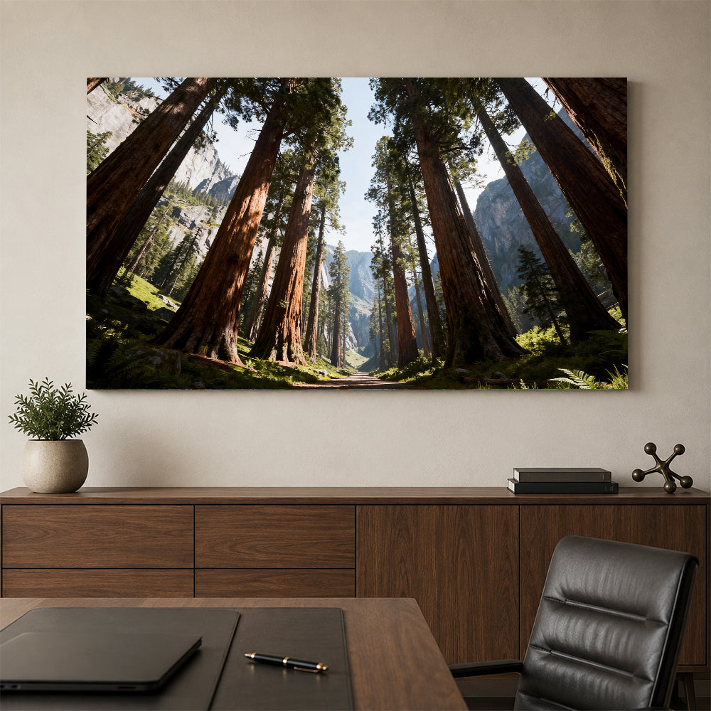 Towering Forest Light canvas wall art, office mockup above a desk.
