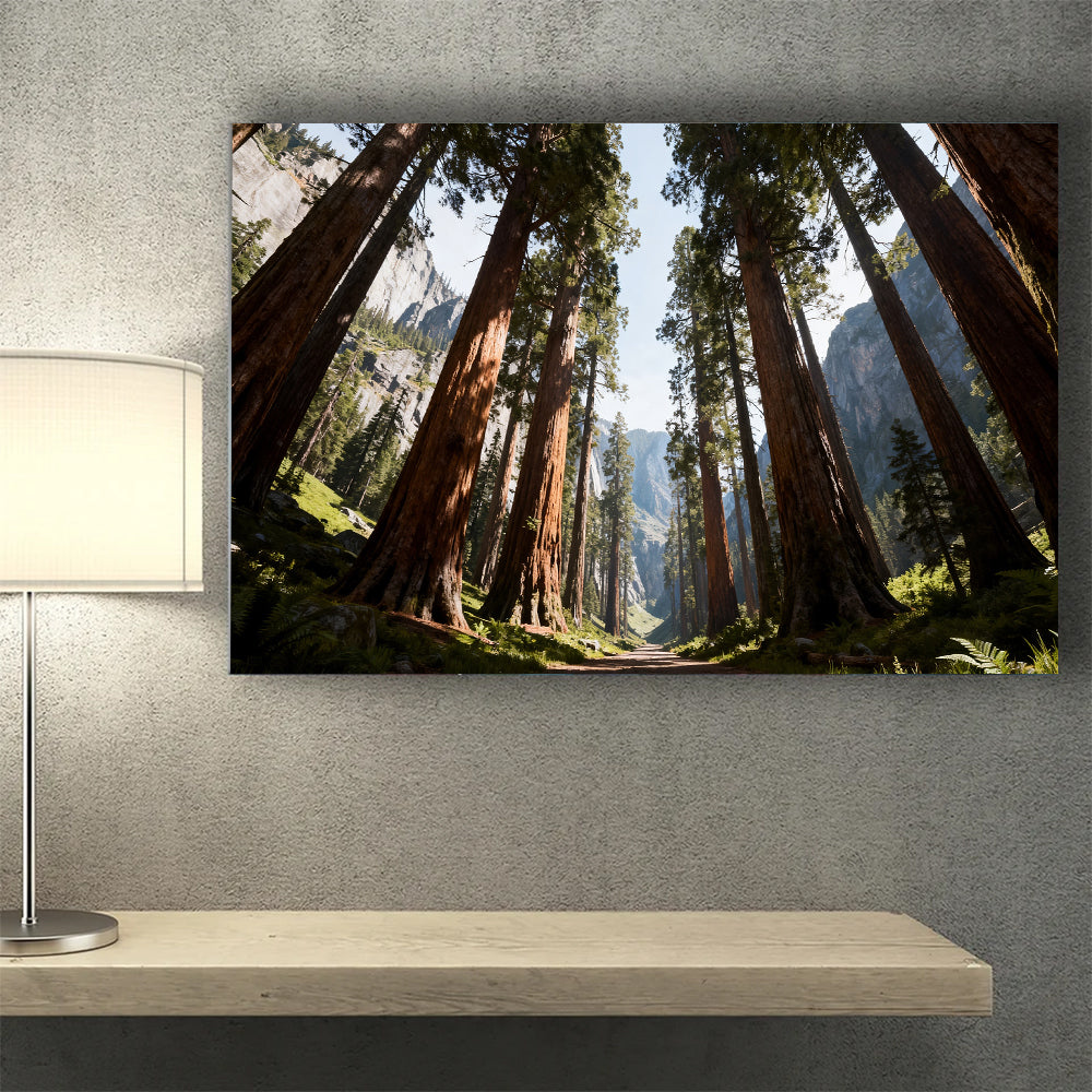 Towering Forest Light canvas wall art, wall mockup above a console.