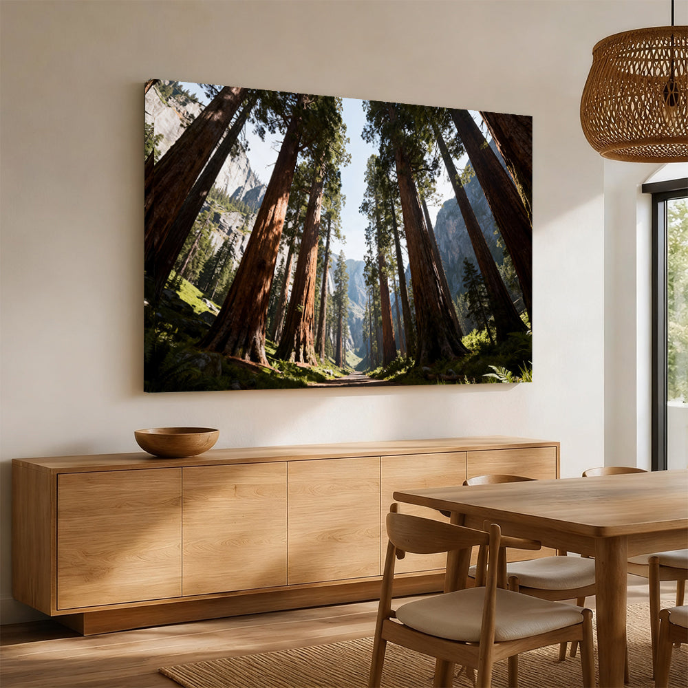 Towering Forest Light canvas wall art, angled mockup above a sideboard.