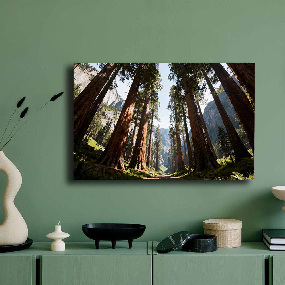 Towering Forest Light canvas wall art, mockup on a green wall.