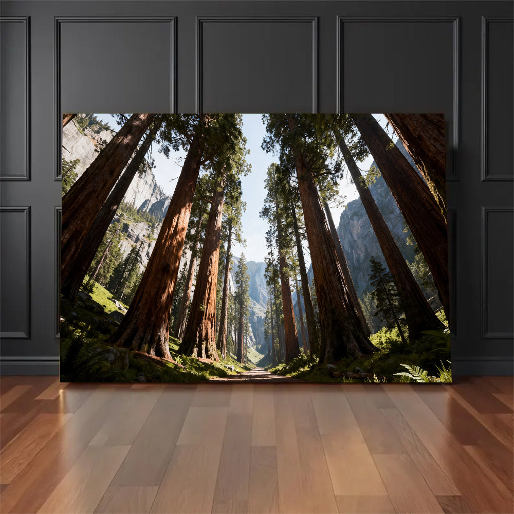 Towering Forest Light canvas wall art, floor display against a dark wall.