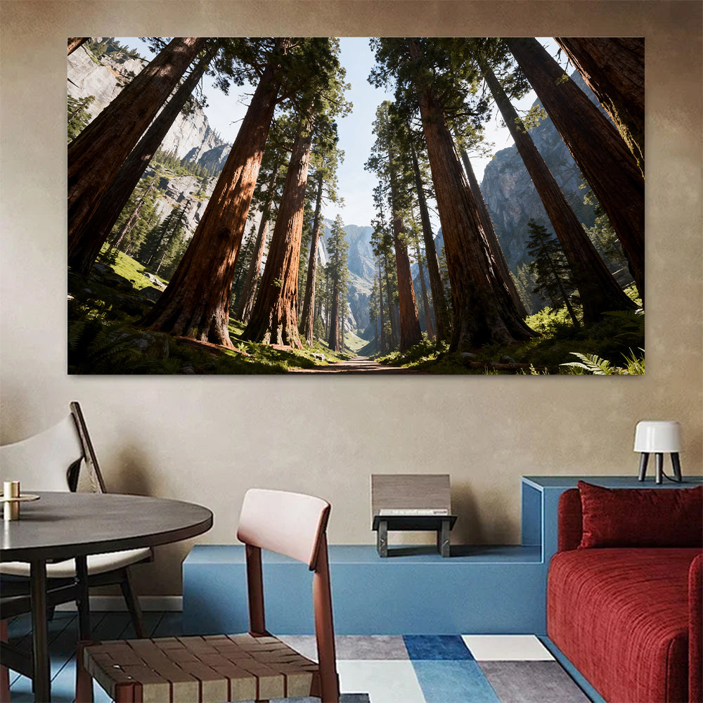 Towering Forest Light canvas wall art, colorful room mockup.