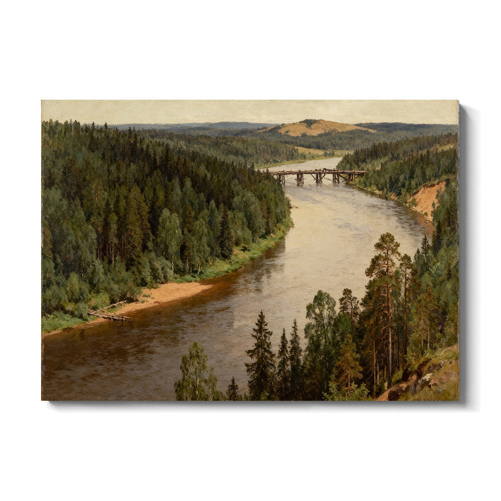 Quiet Woodland River canvas wall art, front view on a white background.