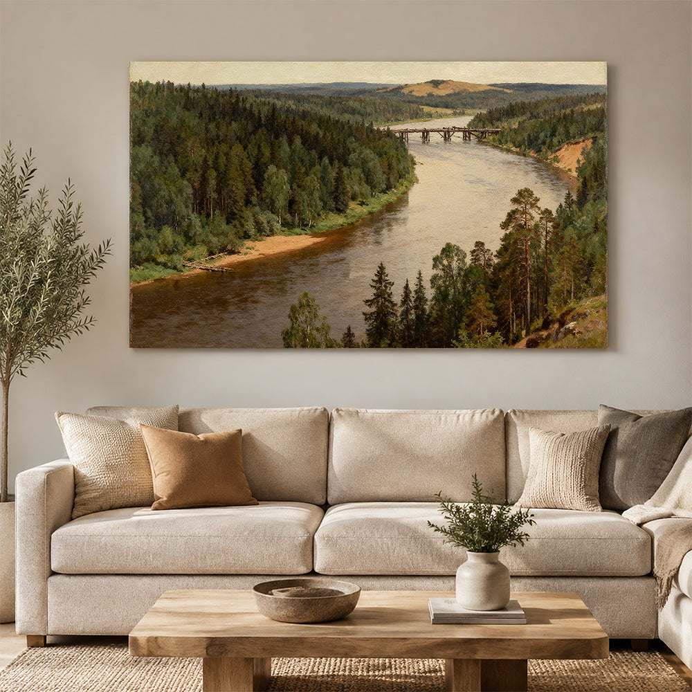 Quiet Woodland River canvas wall art, living room mockup above a sofa.