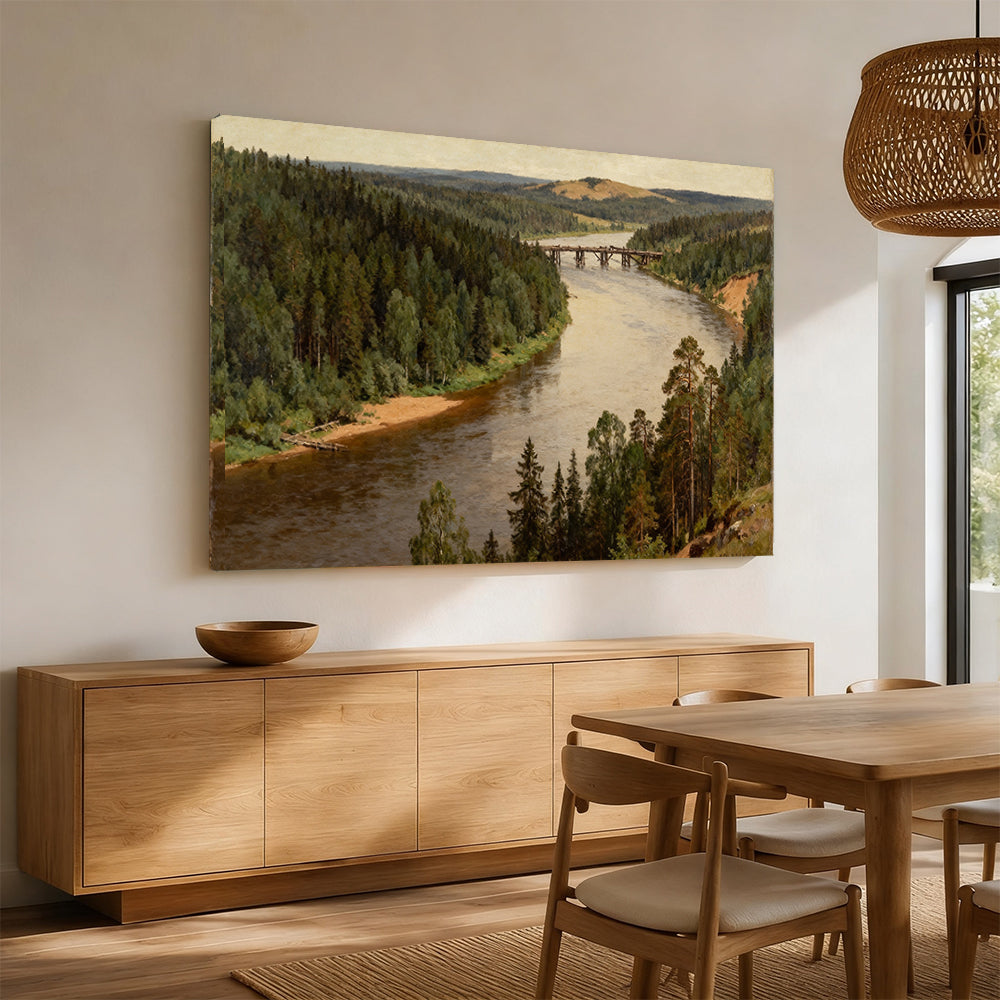 Quiet Woodland River canvas wall art, angled mockup above a sideboard.
