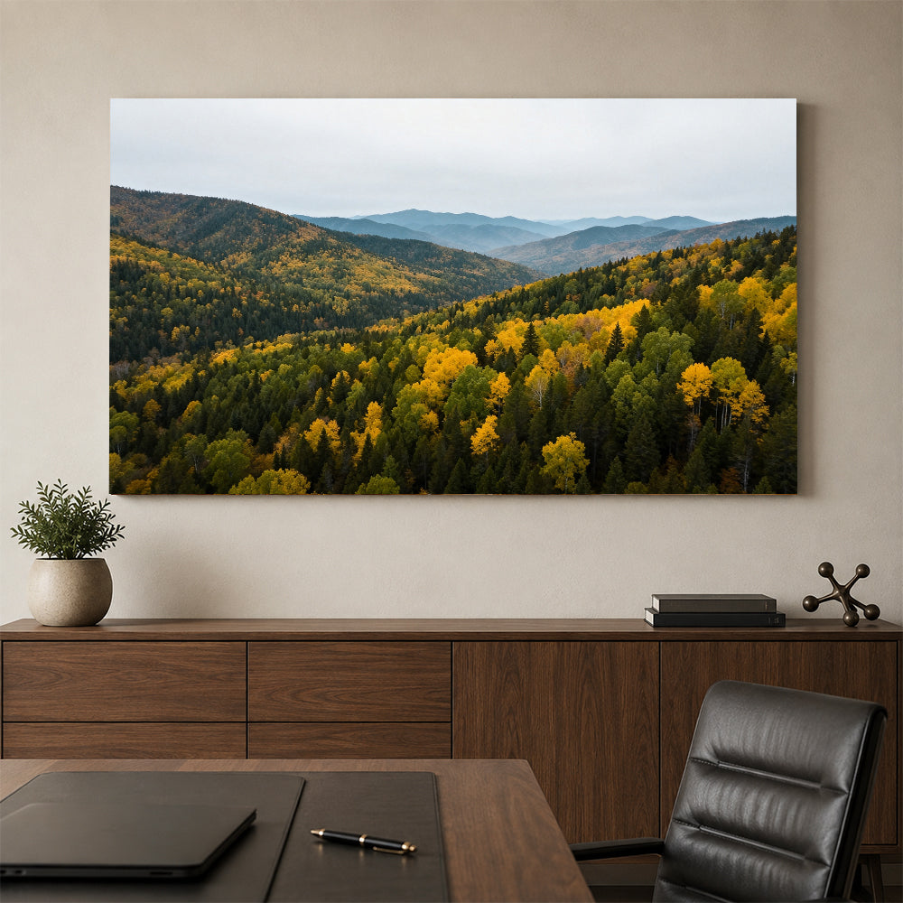 Autumn Canopy Vista canvas wall art, office mockup above a desk.