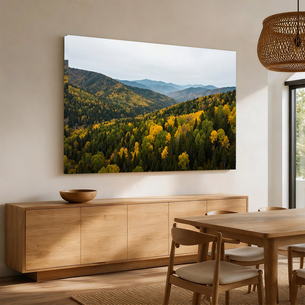 Autumn Canopy Vista canvas wall art, angled mockup above a sideboard.