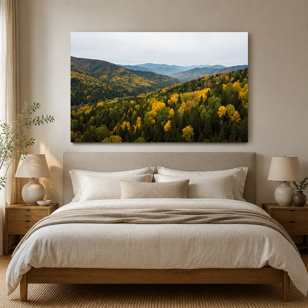 Autumn Canopy Vista canvas wall art, bedroom mockup above a bed.