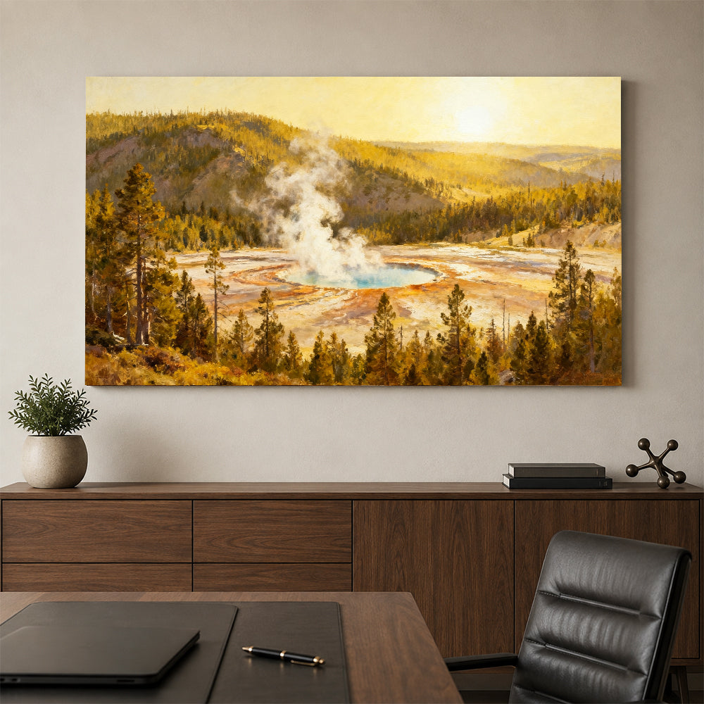 Golden Hot Spring canvas wall art, office mockup above a desk.