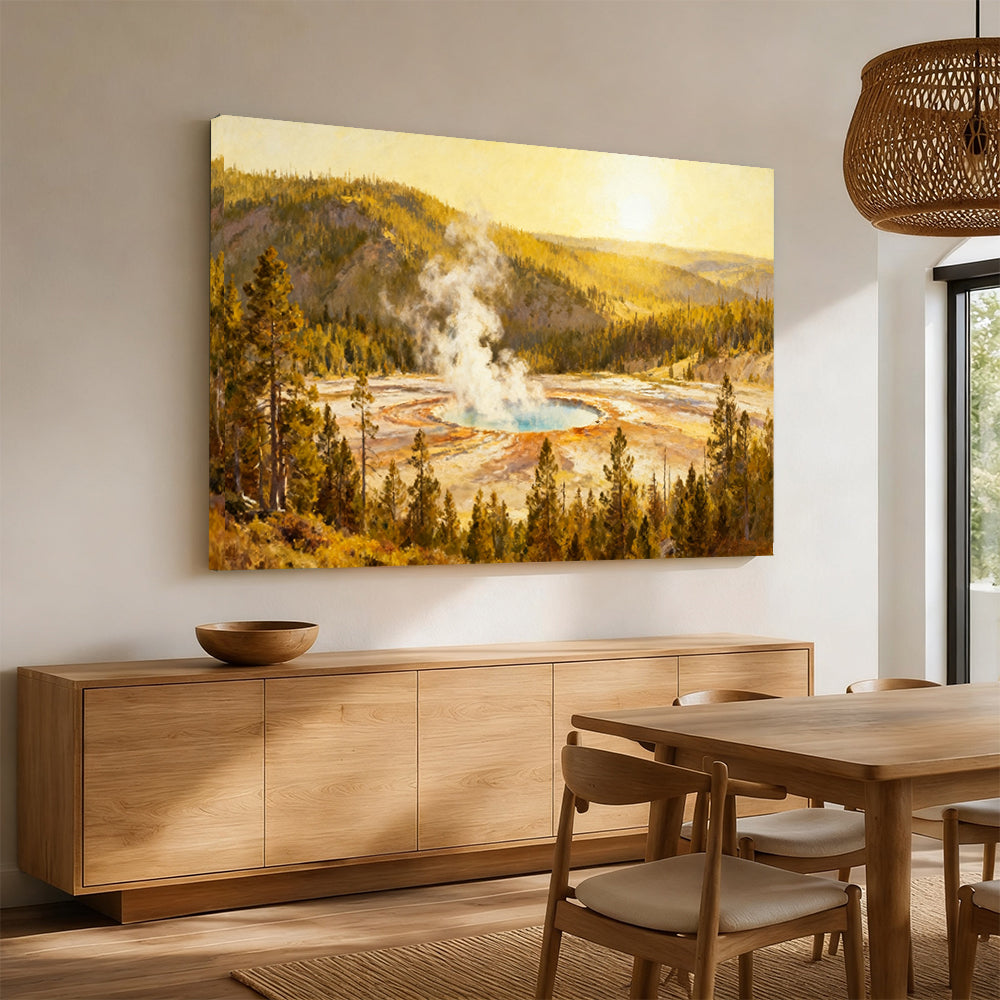 Golden Hot Spring canvas wall art, angled mockup above a sideboard.