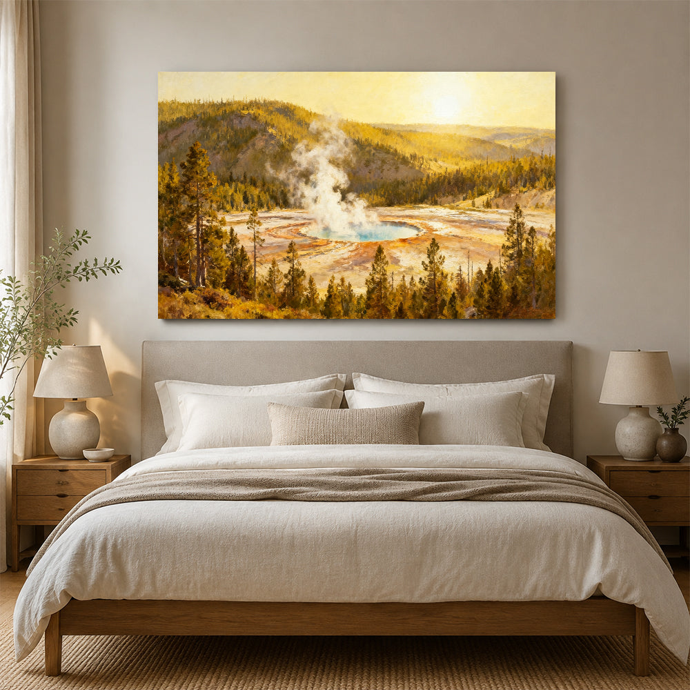 Golden Hot Spring canvas wall art, bedroom mockup above a bed.