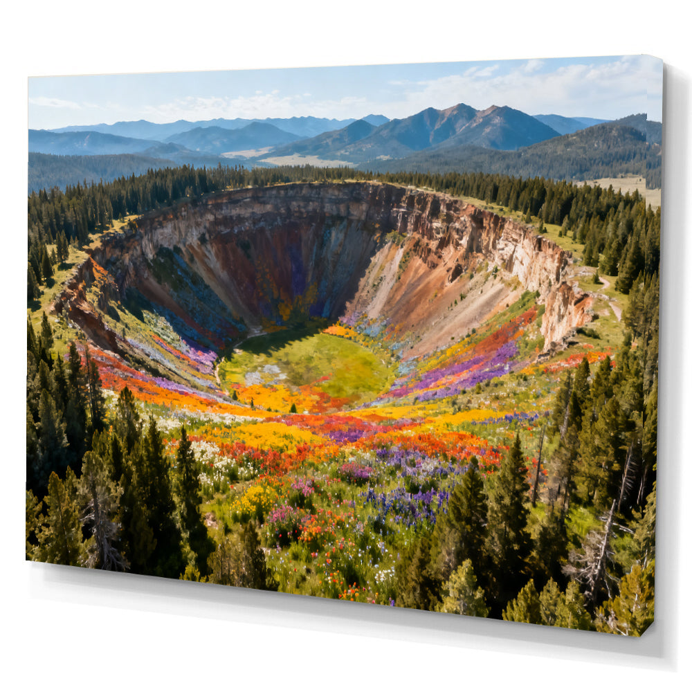 Colorful Crater Basin canvas wall art, angled canvas mockup on a white background.