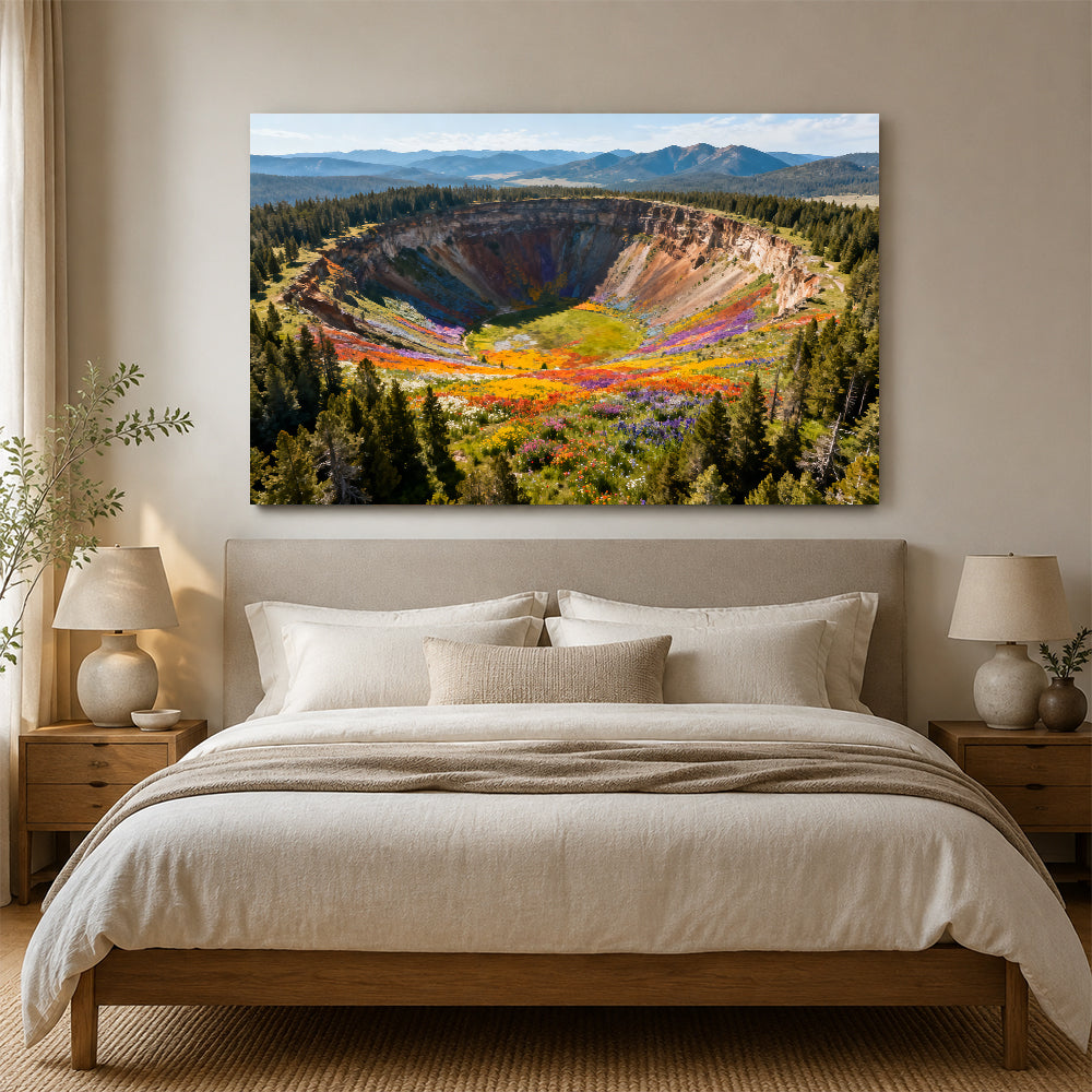 Colorful Crater Basin canvas wall art, bedroom mockup above a bed.