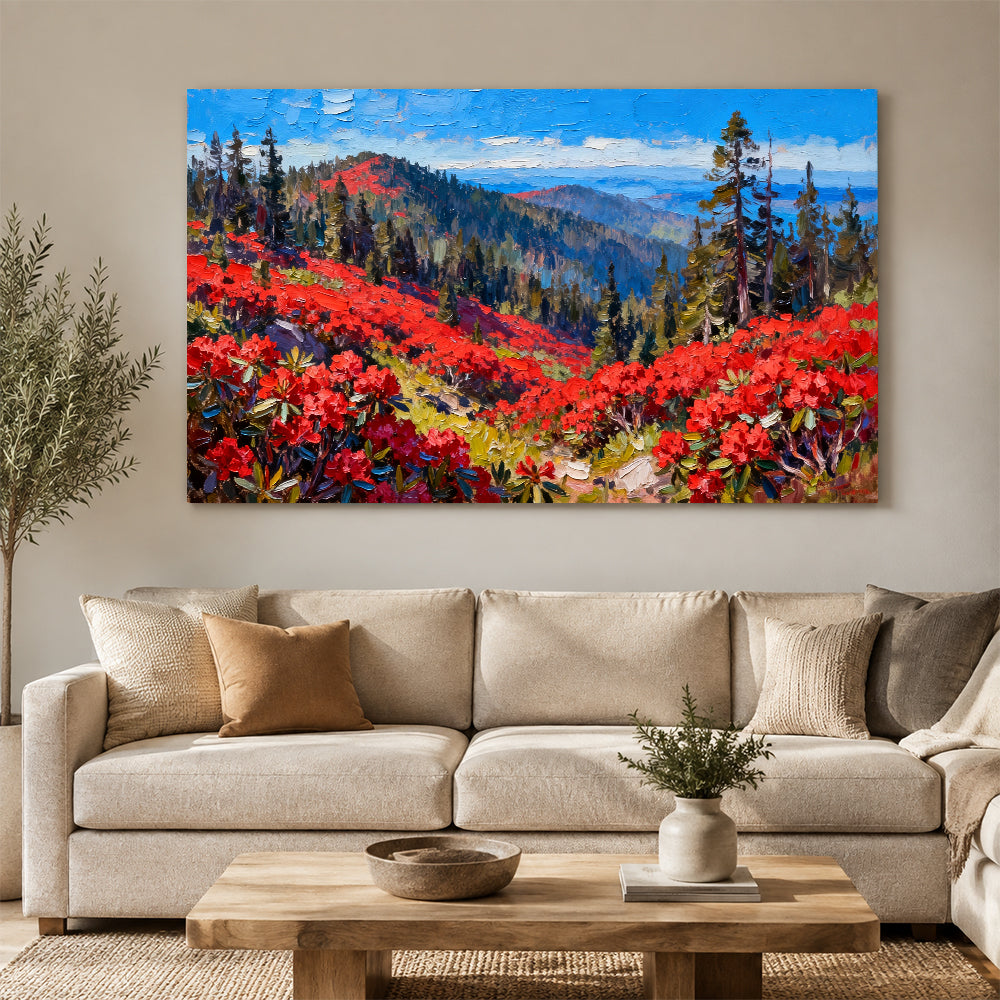 Scarlet Alpine Meadow canvas wall art, living room mockup above a sofa.