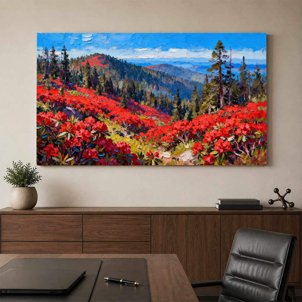 Scarlet Alpine Meadow canvas wall art, office mockup above a desk.