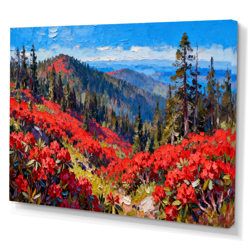 Scarlet Alpine Meadow canvas wall art, angled canvas mockup on a white background.