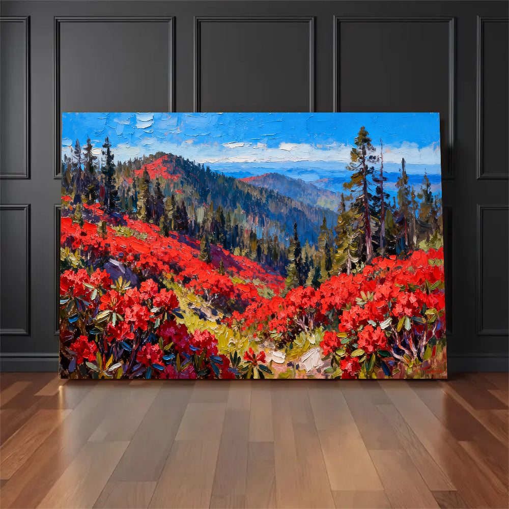Scarlet Alpine Meadow canvas wall art, floor display against a dark wall.