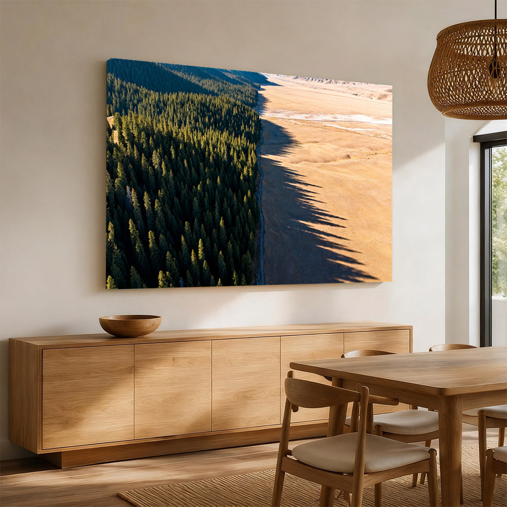 Forest Meets Sand canvas wall art, angled mockup above a sideboard.