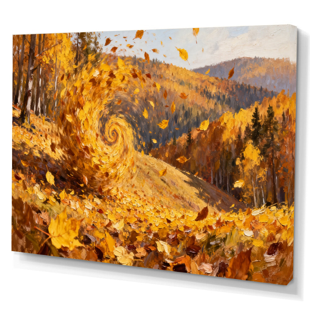 Swirling Autumn Leaves canvas wall art, angled canvas mockup on a white background.