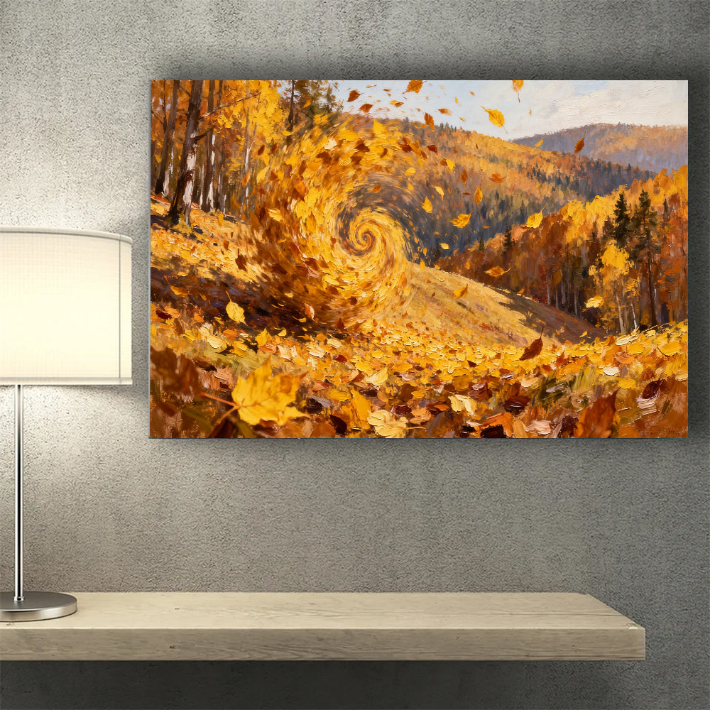 Swirling Autumn Leaves canvas wall art, wall mockup above a console.