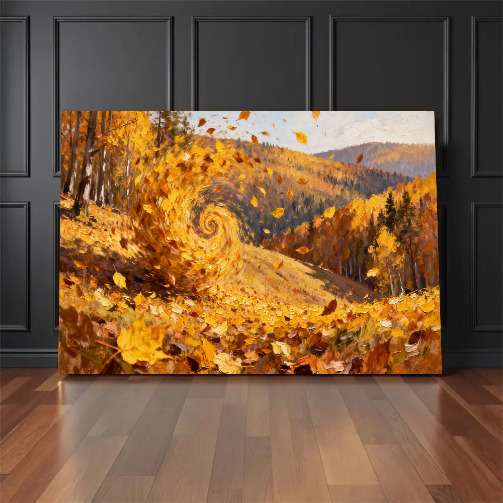 Swirling Autumn Leaves canvas wall art, floor display against a dark wall.