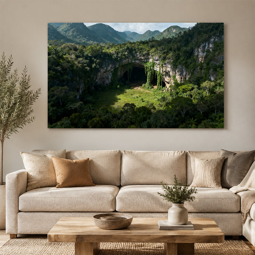 Hidden Forest Cavern canvas wall art, living room mockup above a sofa.