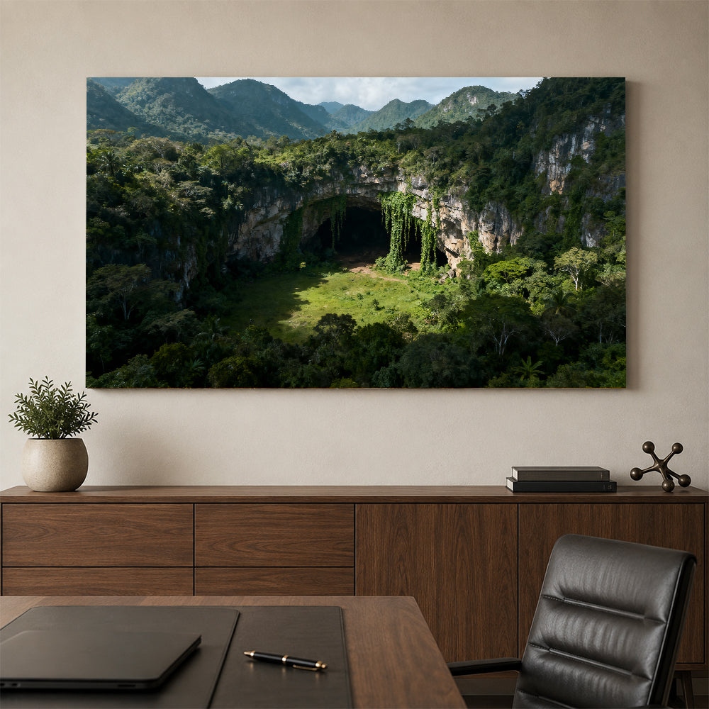 Hidden Forest Cavern canvas wall art, office mockup above a desk.