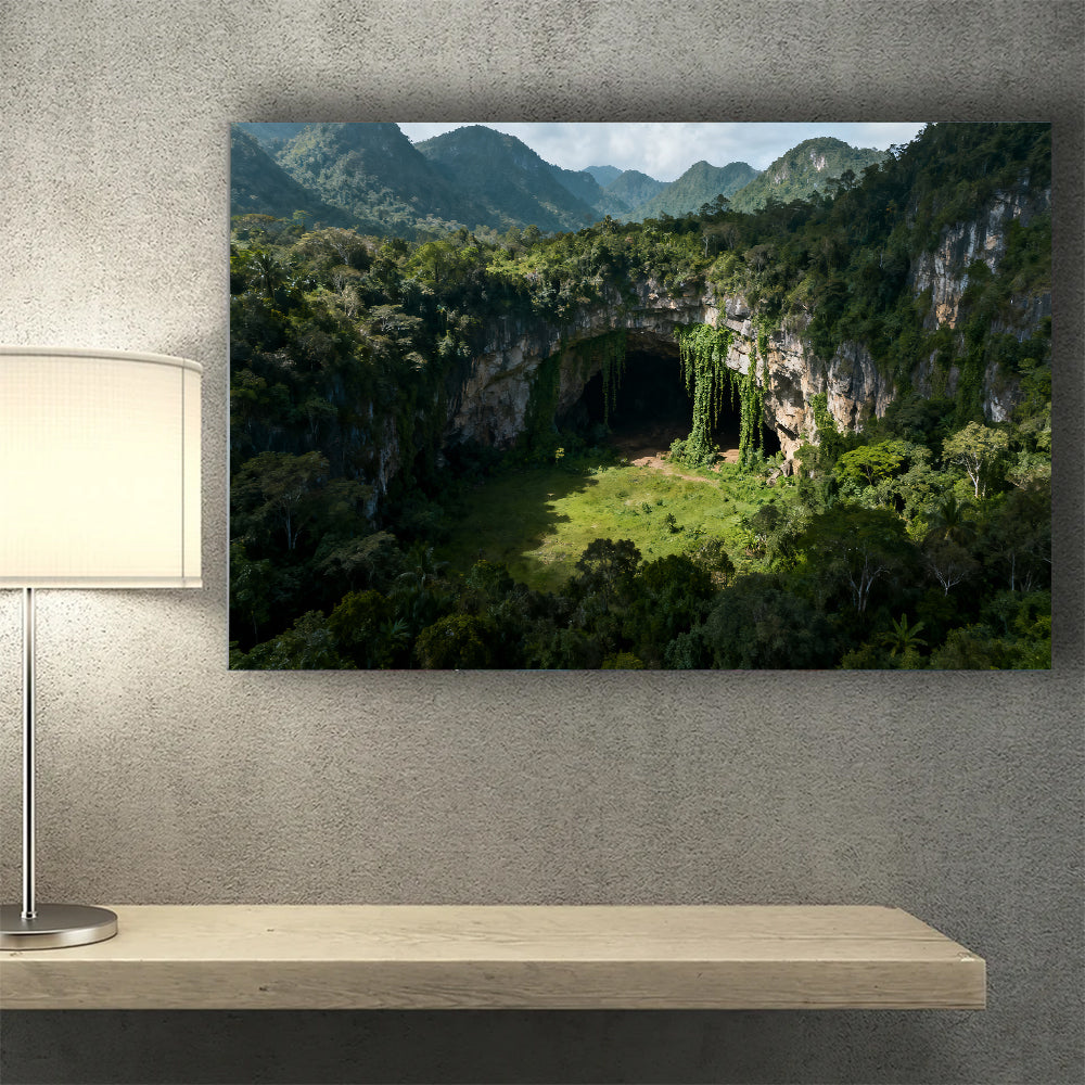 Hidden Forest Cavern canvas wall art, wall mockup above a console.