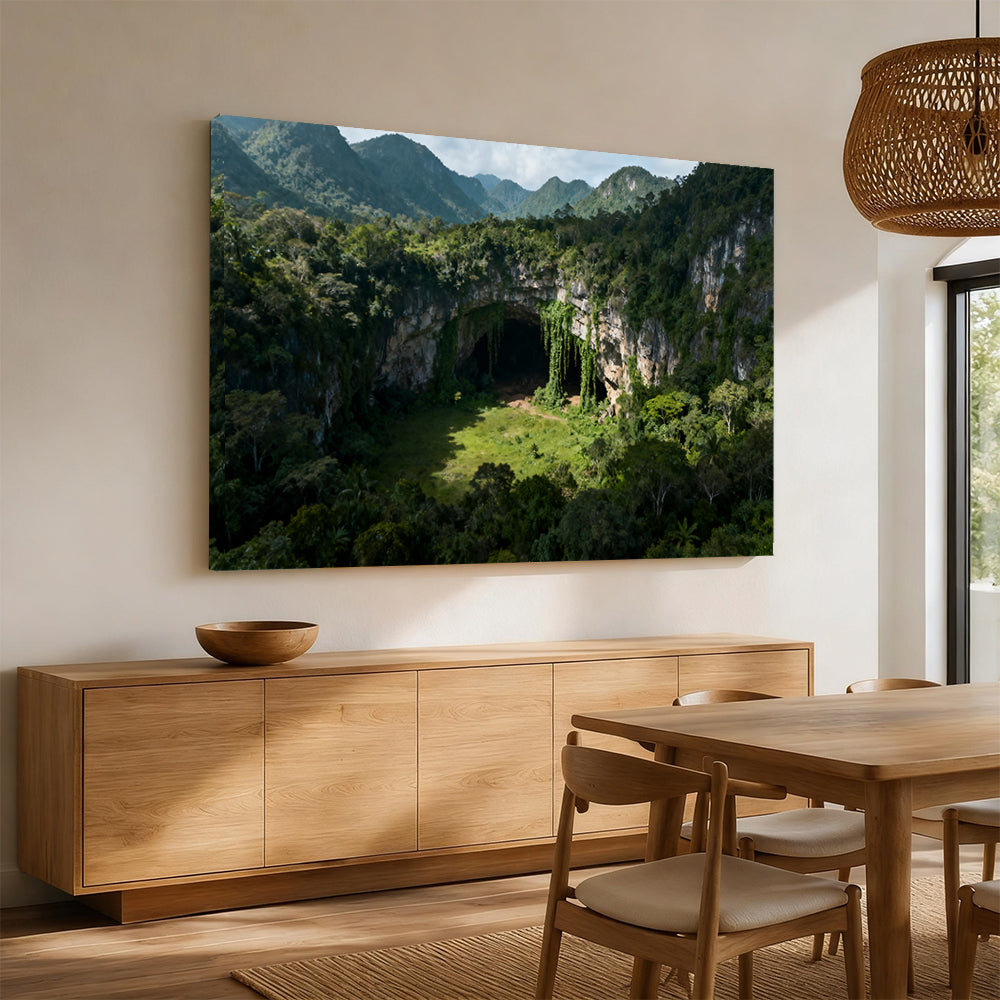 Hidden Forest Cavern canvas wall art, angled mockup above a sideboard.