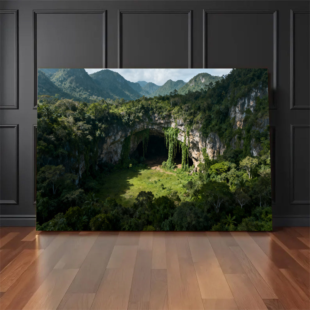 Hidden Forest Cavern canvas wall art, floor display against a dark wall.