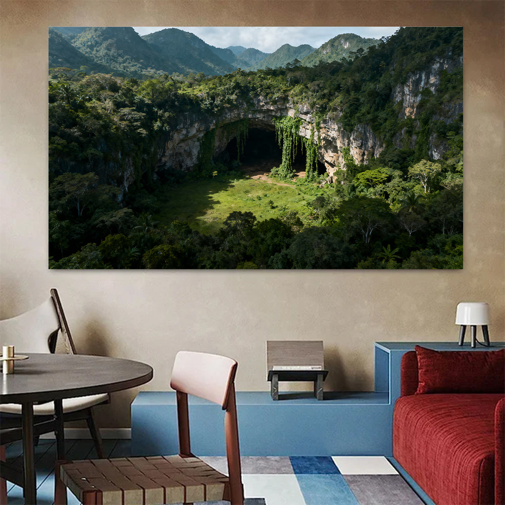 Hidden Forest Cavern canvas wall art, colorful room mockup.