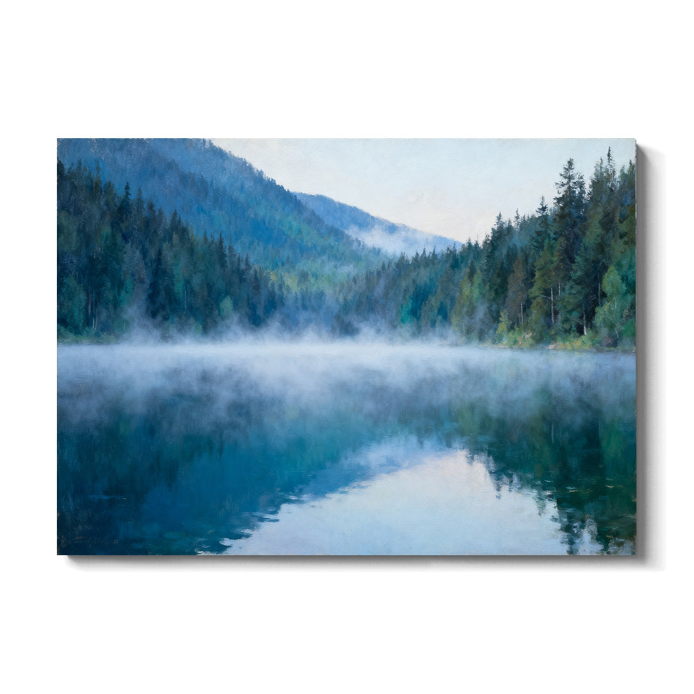 Blue Lake Morning canvas wall art, front view on a white background.