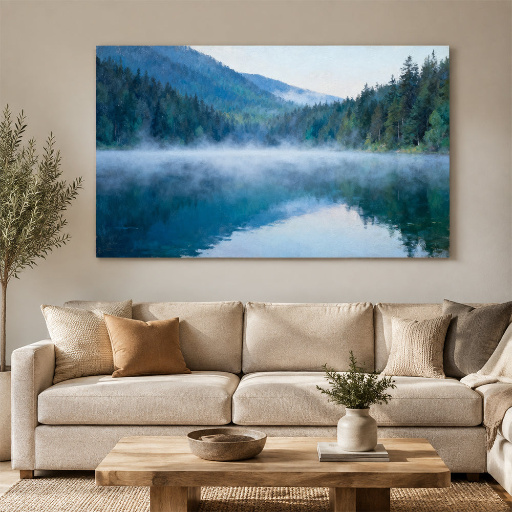 Blue Lake Morning canvas wall art, living room mockup above a sofa.