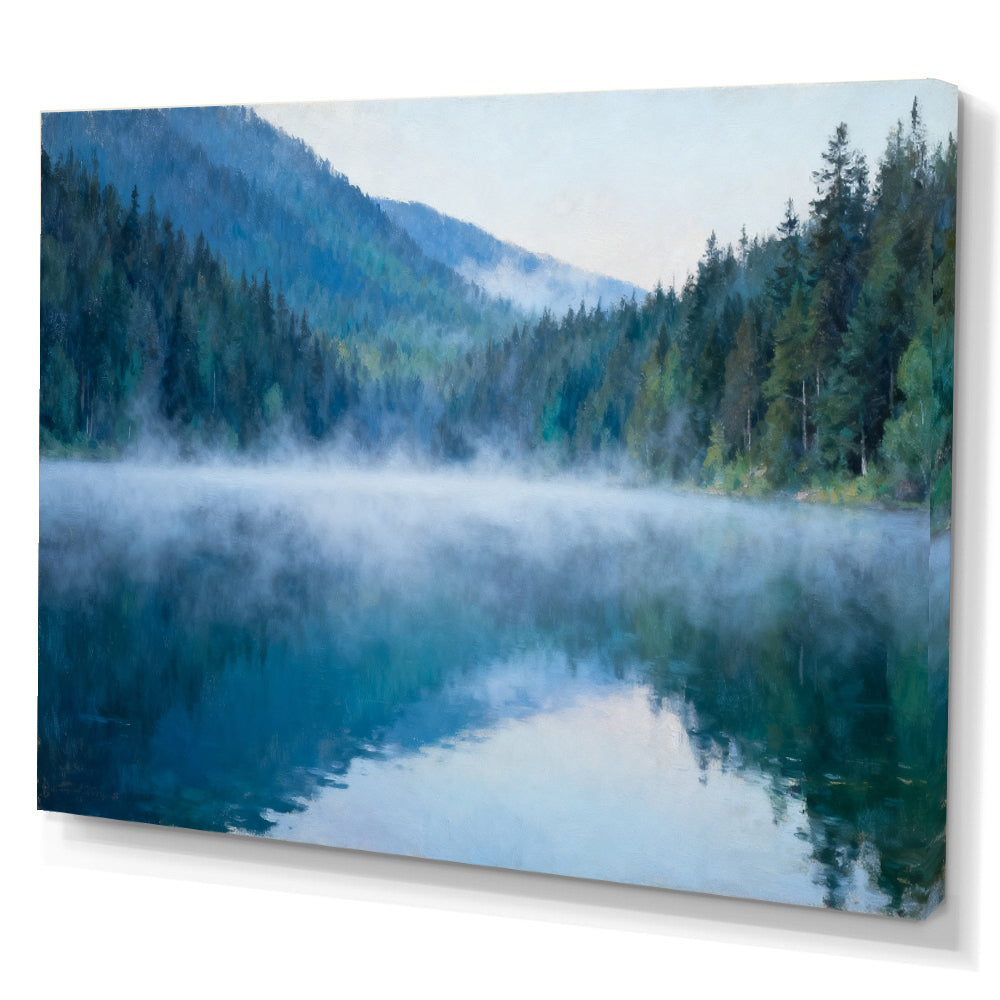 Blue Lake Morning canvas wall art, angled canvas mockup on a white background.